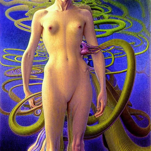 Image similar to realistic extremely detailed portrait painting of a blurry bizarre ghost, futuristic sci-fi landscape on background by Jean Delville, Amano, Yves Tanguy, Alphonse Mucha, Ernst Haeckel, Edward Robert Hughes, Roger Dean, rich moody colours, blue eyes