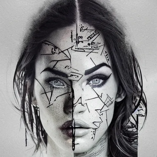 Prompt: megan fox face blended in beautiful mountains, double exposure effect, medium sized tattoo sketch, amazing detail, trending on pinterest, in the style of brandon kidwell