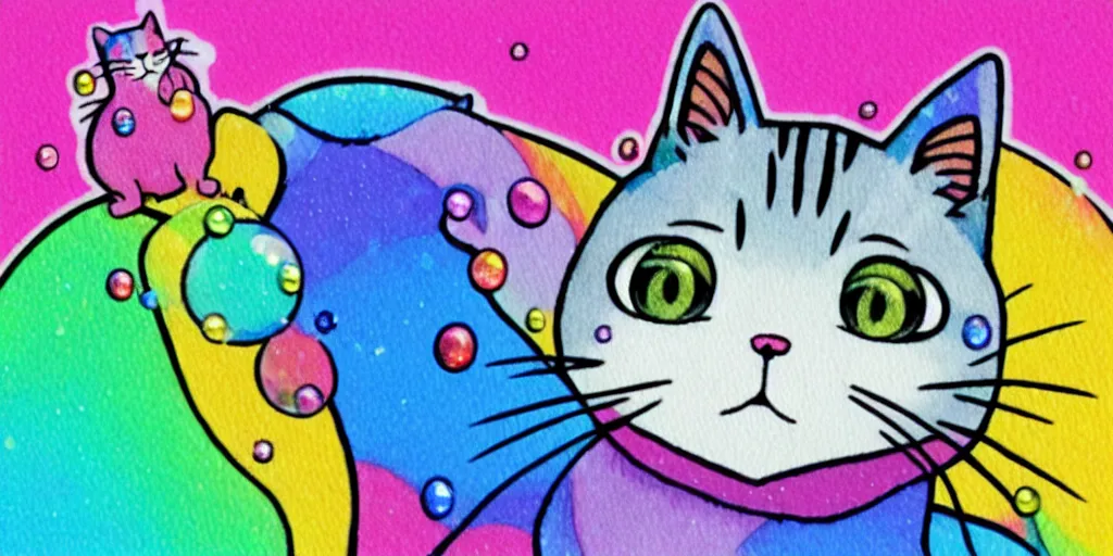 Prompt: a cat speaking, puffy sticker, glitter sticker by studio ghibli, by lisa frank 8 k pastel colours, isometric, smeared watercolours,