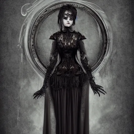 Image similar to full length portrait of a woman with timeless beauty & breathtaking eyes dressed in gothic attire, intricate digital art, elegant, DSLR 8K, biblical art, realism, incomprehensible detail, final fantasy & silent hill aesthetic, photorealistic, lifelike, created by Razaras on deviantart