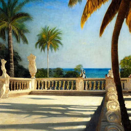 Image similar to a ultradetailed beautiful painting of the amazonas palace balustrade designed by jules bastien - lepage, hans belmer, frank weston and gustave baumann, beach, trending on artstation, mediterranean, palm trees, refracted color sparkles, sharp focus, soft light, 8 k 4 k