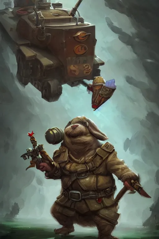 Image similar to cute little anthropomorphic Guinea Pig Tank driver next to its tank, tiny, small, short, Tank driver outfit, cute and adorable, pretty, beautiful, DnD character art portrait, matte fantasy painting, DeviantArt Artstation, by Jason Felix by Steve Argyle by Tyler Jacobson by Peter Mohrbacher, cinematic lighting