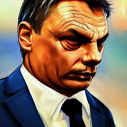 Prompt: Viktor Orban as a character in the game GTA VI, with a background based on the game League of Legends, detailed face, PAINTING BY android jones