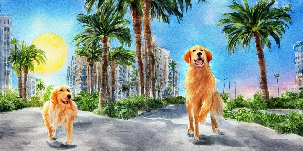 Image similar to golden retriever dog walking in tel aviv street looking at the camera. palm trees. realistic. sunset. high quality. digital art. watercolor. highly detailed. drawing. art. colorful. fluffy