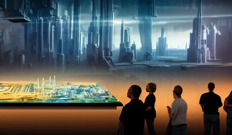 Image similar to large group of people in simple warehouse, looking at hologram of futuristic city on a table, cinematic concept art, godrays, golden hour, natural sunlight, 4 k, clear details, tabletop model buildings, center model buildings, hologram center, crane shot, crane shot, crane shot