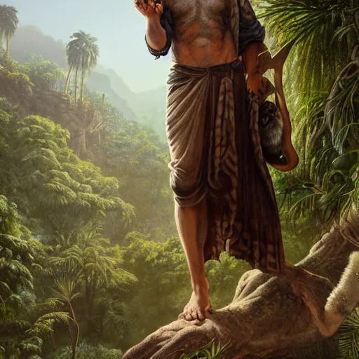 Image similar to a detailed matte painting of a ridiculously good looking jesus who is hunting in the prehistoric jungle with his pet falcon, elegant ancient greek dress, jungle as the background, very detailed, beautiful, intricate, art by greg rutkowski and robert e howard, octane render