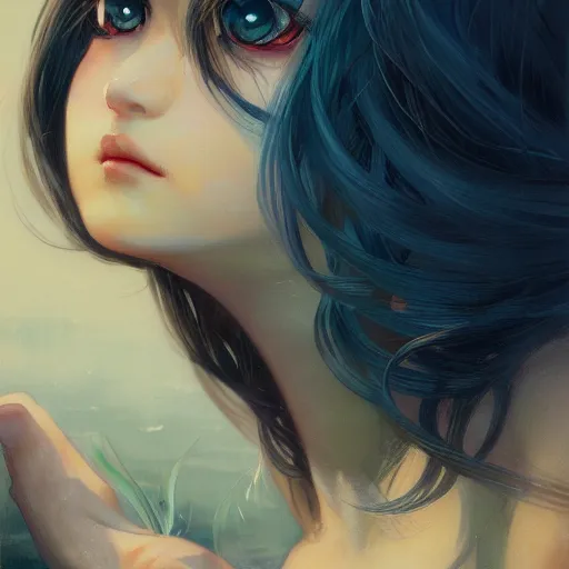 Image similar to A potrait of a covered mermaid with big and cute eyes, fine-face, realistic shaded perfect face, fine details. Night setting. Very anime style. Realistic shaded lighting poster by Ilya Kuvshinov katsuhiro, magali villeneuve, artgerm, Jeremy Lipkin and Michael Garmash, Rob Rey and Kentarõ Miura style, trending on art station
