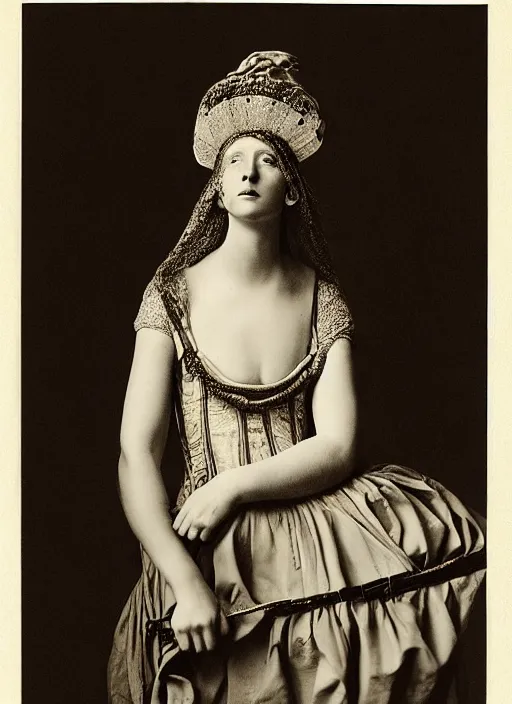 Image similar to portrait of young woman in renaissance dress and renaissance headdress, art by irving penn