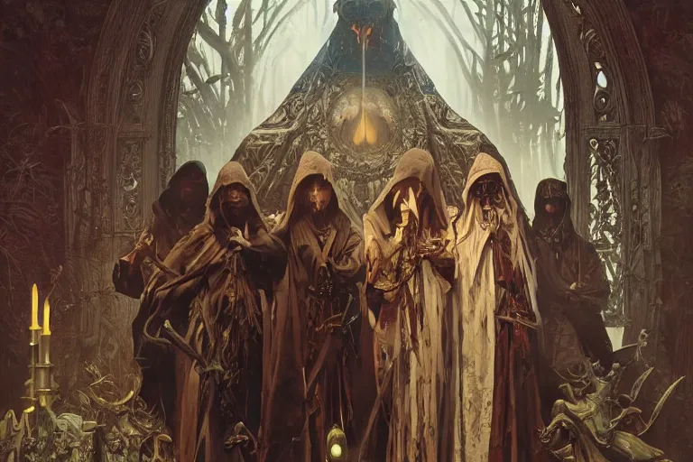 Image similar to painting of evil occult ritual with hooded cult members, demonic shrine, ultra realistic, concept art, intricate details, eerie, highly detailed, photorealistic, octane render, 8 k, unreal engine. art by artgerm and greg rutkowski and alphonse mucha