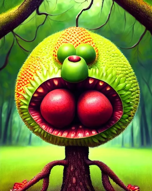 Prompt: a fruit monster made of different fruit, 3 4 5 3 1, walking around in a forest, staring wide open eyes, open mouth, very detailed eyes, trees in the background, sunlight, oil painting, highly detailed, dramatic lighting, hyperrealistic, 8 k, smooth, intricate, artstation, cgsociety, by artgerm, by wlop