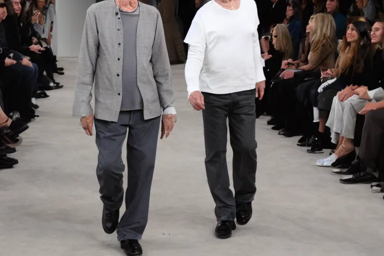 Prompt: Larry David posing on the catwalk fashion show Chanel, fashion week