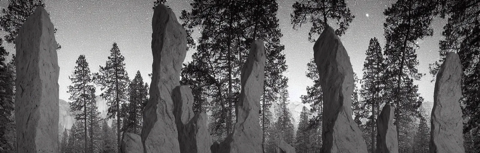 Image similar to to fathom hell or soar angelic, just take a pinch of psychedelic, medium format photograph of two colossal minimalistic necktie sculpture installations by antony gormley and anthony caro in yosemite national park, made from iron, marble, and limestone, granite peaks visible in the background, taken in the night