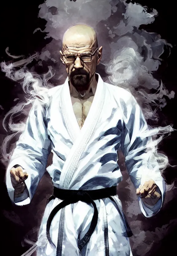 Image similar to serene Concept art of grandmaster walter white wearing a white martial artist gi, bald head and white beard, surrounded by white smoke, smoky, by Chen Uen, art by Yoji Shinkawa, 4k