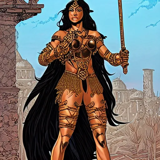Prompt: greek amazon warrior, a tall beautiful woman with bronzed skin and long raven hair, dressed in leather and hellenistic armour, intricate, elegant, highly detailed, smooth, sharp focus, detailed face, high contrast, graphic novel, art by laurie greasley,