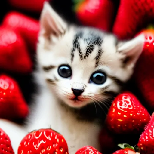 Image similar to macro shot photograph of an extremely tiny baby kitten lying on top of a gigantic strawberry