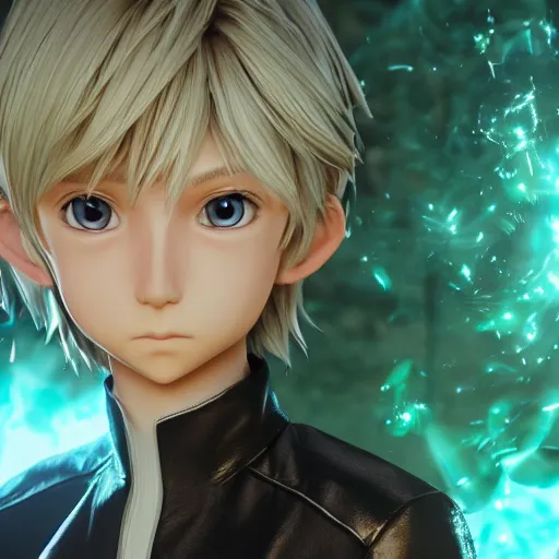 Image similar to a blonde haired green eyes boy casting a spell. character design. intricate. gesture drawing. line of action. official art, unreal engine 5, unreal engine. tetsuya nomura. medium shot. ray tracing hdr. 8 k. uhd. sharp focus. highly detailed. masterpiece. anime render. cinematic lighting. lifelike. symmetrical face. beautiful face