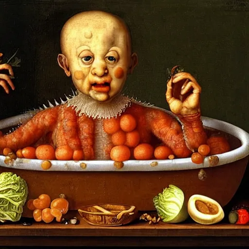 Image similar to a boy sitting in a tub full of ketchup, a lot of cabbage, dinner is served, by giuseppe arcimboldo and ambrosius benson, renaissance, fruit, intricate and intense oil paint, realistic