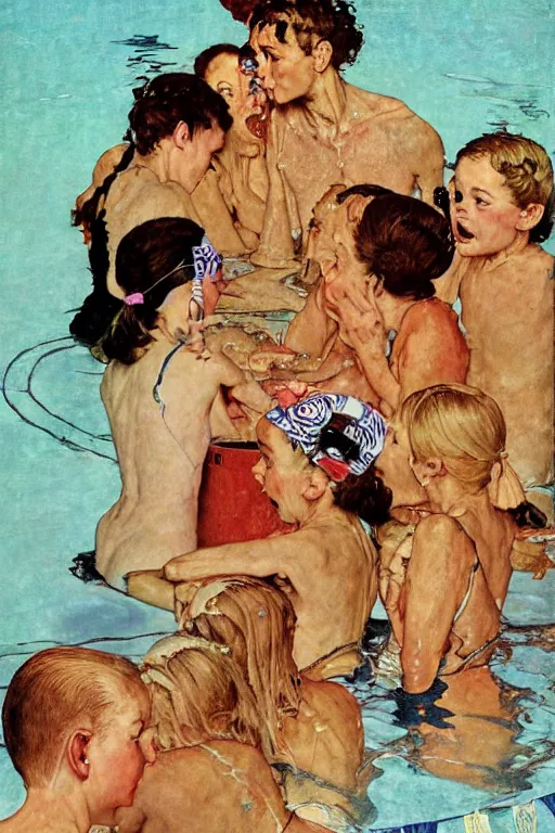 Prompt: summer swimming party, body horror, Norman Rockwell