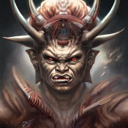 Image similar to portrait, cyberpunk japanese oni demon with horns, stern expression, long hair, highly detailed, digital painting, artstation, concept art, smooth, sharp focus, illustration, artgerm, tomasz alen kopera, peter mohrbacher, donato giancola, joseph christian leyendecker, wlop, frank frazetta