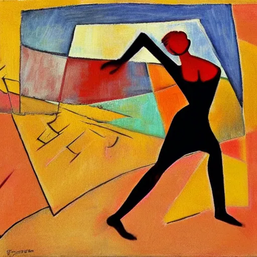 Prompt: woman dances furiously for rain in a drought parched landscape, abstract art in the style of cubism ,