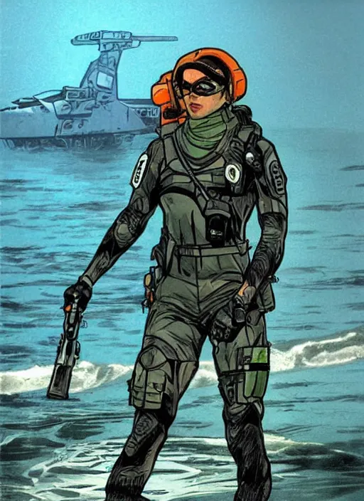 Image similar to Sonya. USN blackops operator emerging from water at the shoreline. Agent wearing Futuristic wetsuit and looking at an abandoned shipyard. rb6s, MGS, and splinter cell Concept art by James Gurney, Alphonso Mucha. Vivid color scheme.