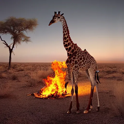 Prompt: burning giraffe in the desert, photorealistic, national geographic photography