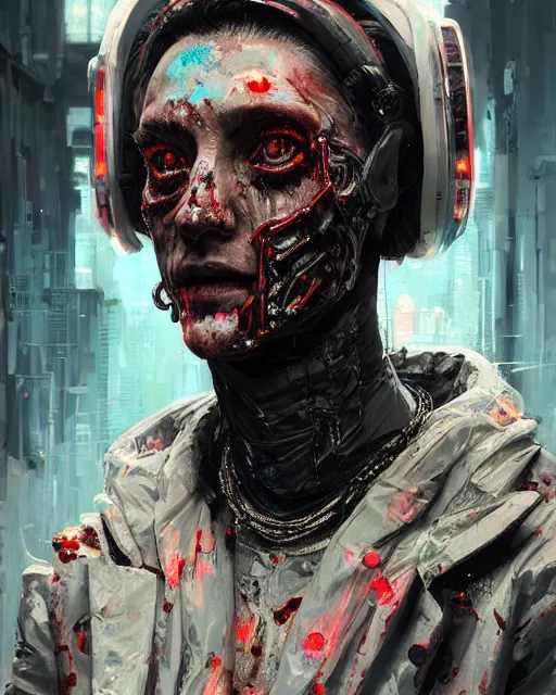 Image similar to detailed portrait zombie, cyberpunk futuristic neon, reflective puffy coat, decorated with traditional Japanese ornaments by Ismail inceoglu dragan bibin hans thoma greg rutkowski Alexandros Pyromallis Nekro Rene Maritte Illustrated, Perfect face, fine details, realistic shaded, fine-face, pretty face