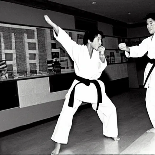 Image similar to the karate kid fighting super mario in a chinese restaurant on the 4 th of july 1 9 8 9