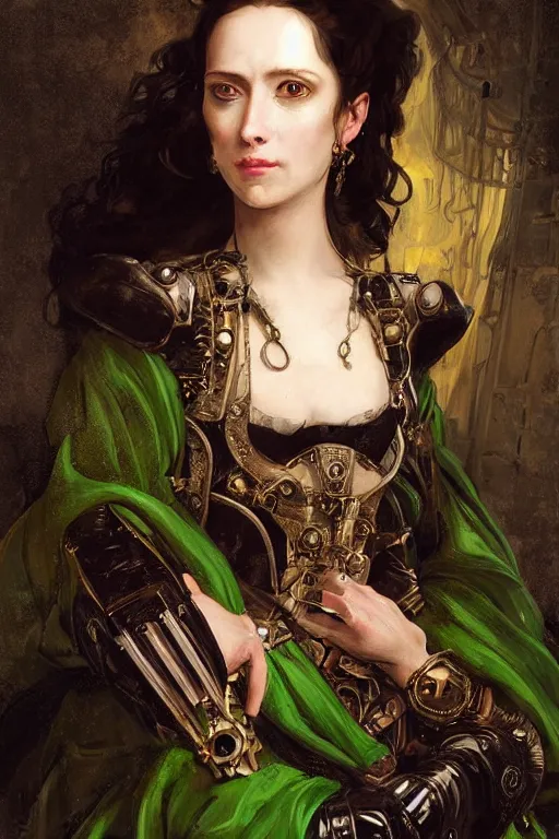 Prompt: portrait, headshot, digital painting, of a old 17th century, beautiful lady cyborg merchant, dark hair, amber jewels, dark green satin clothes, baroque, ornate clothing, scifi, futuristic, realistic, hyperdetailed, chiaroscuro, concept art, art by waterhouse and witkacy
