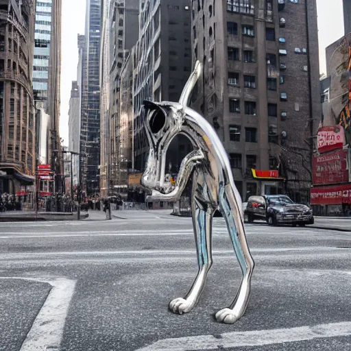 Image similar to a t - 1 0 0 0 cat made of liquid metal walking in the streets of new york city and frightening all the people around, volumetric lighting, sharp focus, ultra detailed, cgsociety - w 1 0 2 4 - n 8 - i