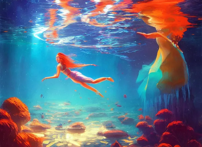 Image similar to a dancer floating underwater, with flowing hair, wearing a flowing sundress, swimming through a colorful starry galaxy, fantasy, cinematic, fine details by realistic shaded lighting poster by ilya kuvshinov katsuhiro otomo, magali villeneuve, artgerm, jeremy lipkin and michael garmash and rob rey