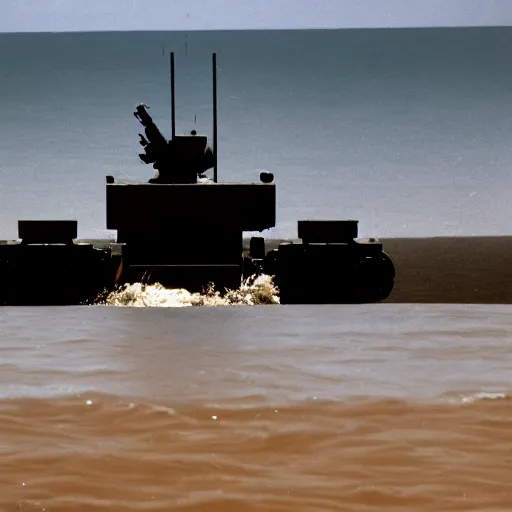 Prompt: photo of a military mech visible on the horizon standing in water