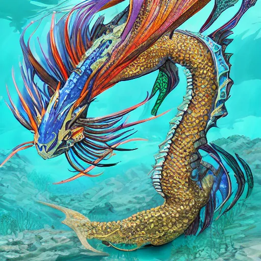 Image similar to underwater sea dragon, d & d style, trending on artstation, colorful, intricate, highly detailed art by aurore folny and ilse gort and yugin maffioli