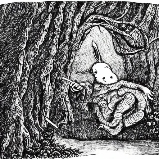 Image similar to a pen and ink drawing of a deep dark tangled forest, a white rabbit smoking a cigarette while reclining, a lingering smoke cloud, childrens illustration, by edward gorey, by gustav dore