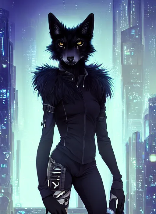 Image similar to award winning beautiful portrait commission art of a male furry anthro black fox fursona with a tail and a cute beautiful attractive detailed furry face wearing stylish cyberpunk clothes in a cyberpunk city at night while it rains. Character design by charlie bowater, ross tran, artgerm, and makoto shinkai, detailed, inked, western comic book art