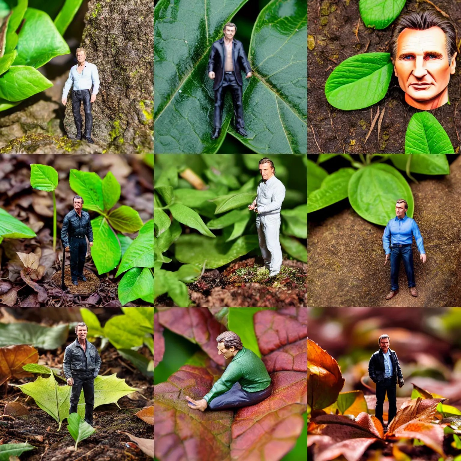 Prompt: Realistic painted 10mm resin figure of Liam Neeson, standing under a leaf in the garden, macro photography