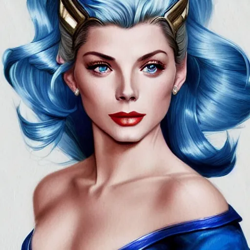 Image similar to A combination of Grace Kelly's and Katheryn Winnick's and Ashley Greene's faces with blue hair as She-Ra, western, D&D, fantasy, intricate, elegant, highly detailed, digital painting, artstation, concept art, matte, sharp focus, illustration, art by Artgerm and Greg Rutkowski and Alphonse Mucha
