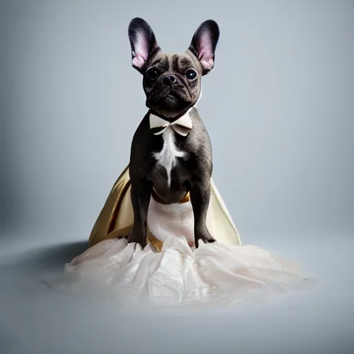 Image similar to professional stage photography of a french bulldog in an opera gown
