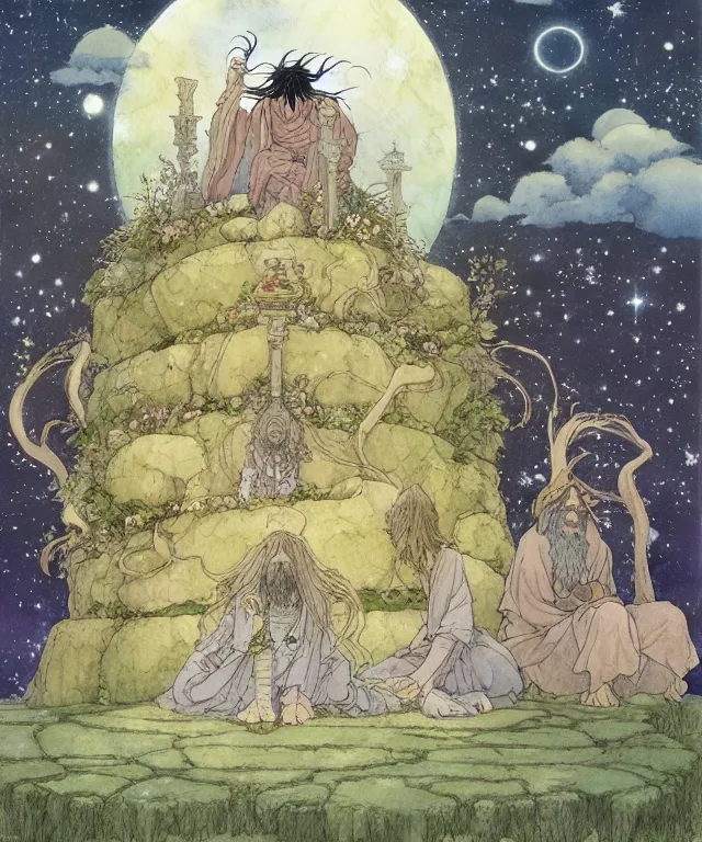 Image similar to a hyperrealist studio ghibli watercolor fantasy concept art of a giant long haired grey witch in lotus position sitting on top of stonehenge with a starry sky in the background. a group of tiny monks are praying them themselves. by rebecca guay, michael kaluta, charles vess