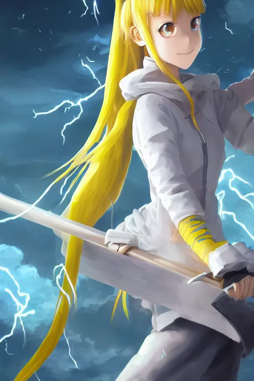 Image similar to anime teen girl with long yellow ponytail wearing white long jacket while holding a lightning scythe with her hands, wlop, concept art, digital painting, trending on artstation, highly detailed, epic composition, 8 k uhd