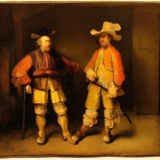 Prompt: two figures. Sheet in bottom-left corner. By Rembrandt warm color scheme.