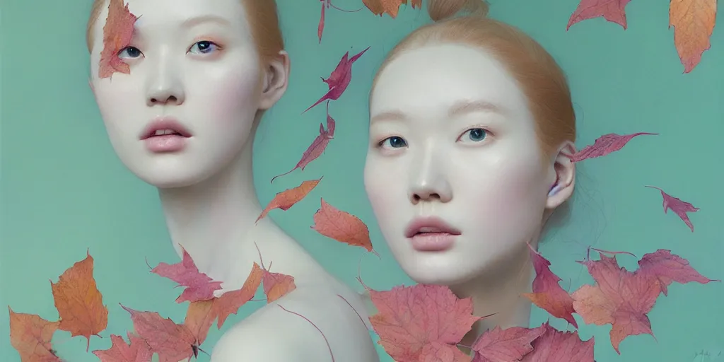 Image similar to highly detailed pastel colors of an ethereal ginger beauty morphing gradually into autumn leaves, by hsiao - ron cheng, smooth composition, fine detail