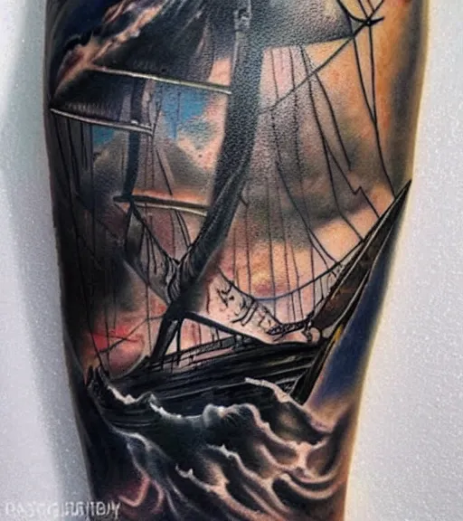 Image similar to A realistic painting of a pirate ship, realism tattoo design, highly detailed tattoo, shaded tattoo, hyper realistic tattoo