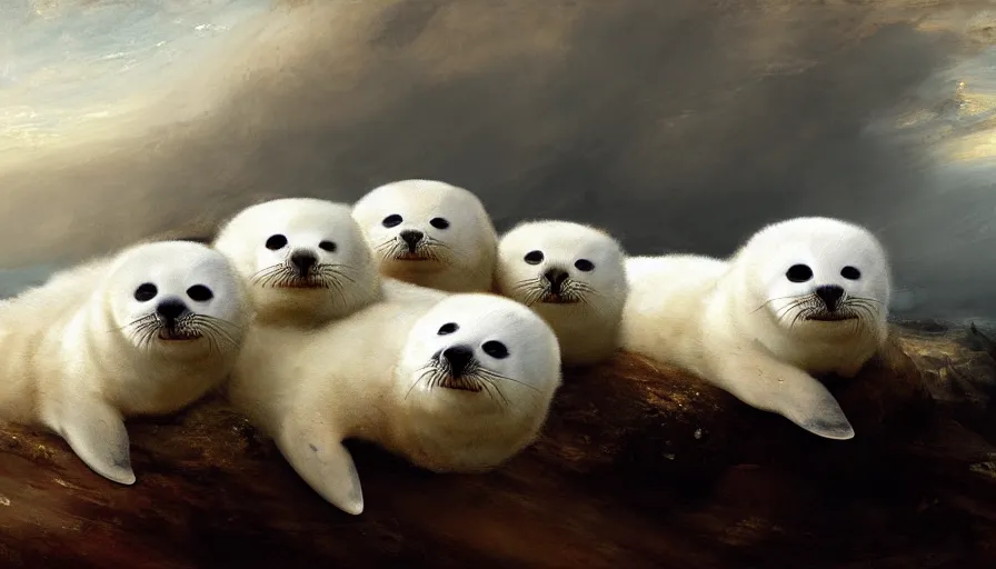 Image similar to highly detailed painting of cute furry white baby seals driving a car by william turner, by greg rutkowski, by william constable, thick brush strokes and visible paint layers, 4 k resolution