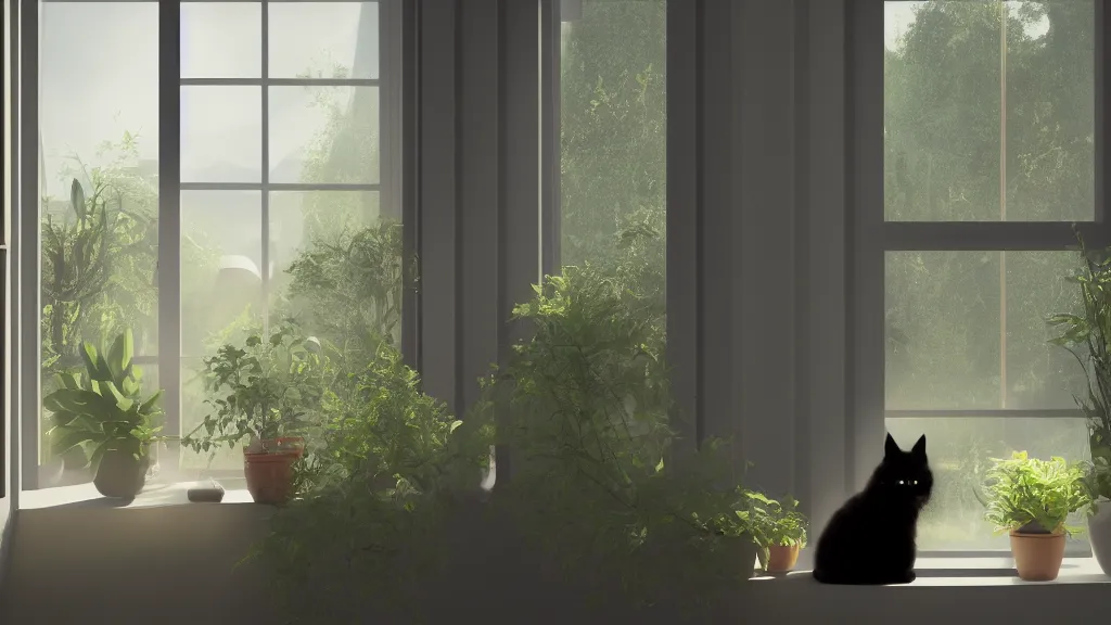 Image similar to peaceful dreamy matte painting of a content black cat sitting by a window and looking outside, sunshine coming through the window, small plants on the window sill, 8k, hyper realism, trending on artstation, octane render