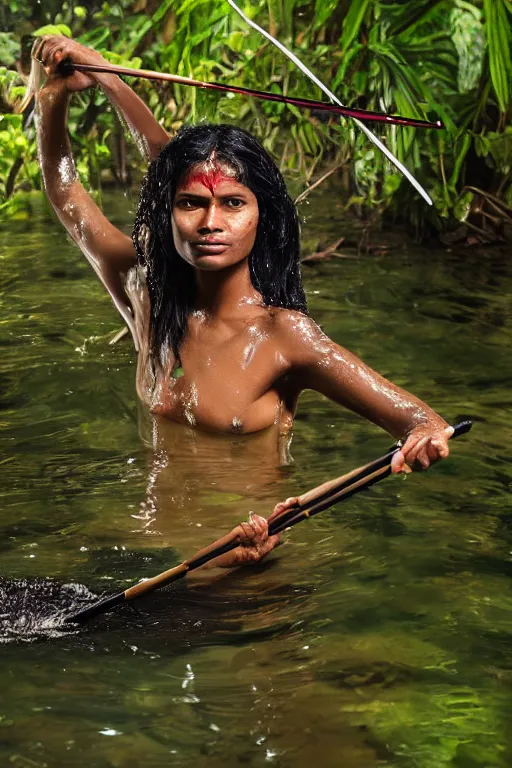 Prompt: a professional portrait photo of a sri lankan jungle woman, submerged in water, black hair, hunter, with bow and arrow, extremely high fidelity, natural lighting