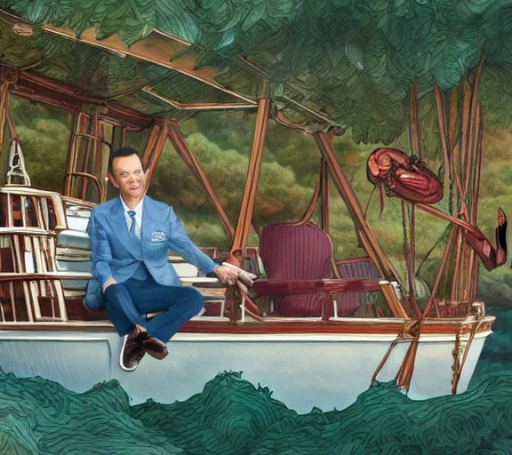 Prompt: Tom hanks as forrest gump sitting in a giant shrimp boat, majestic beautiful world, digital art, hyper detailed, artstation, in the style of maurice sendak