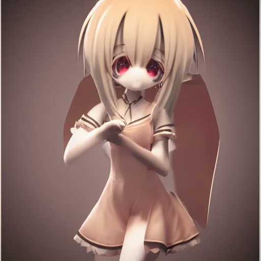 Image similar to cute fumo plush of a denizen of the forbidden realm, anime girl, caustic distortions, vray