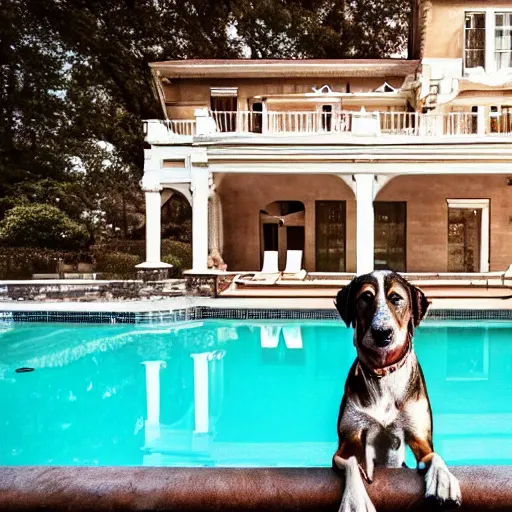 Image similar to a very detailed photo of a dog ( smoking a cigar ) outside the mansion by the pool