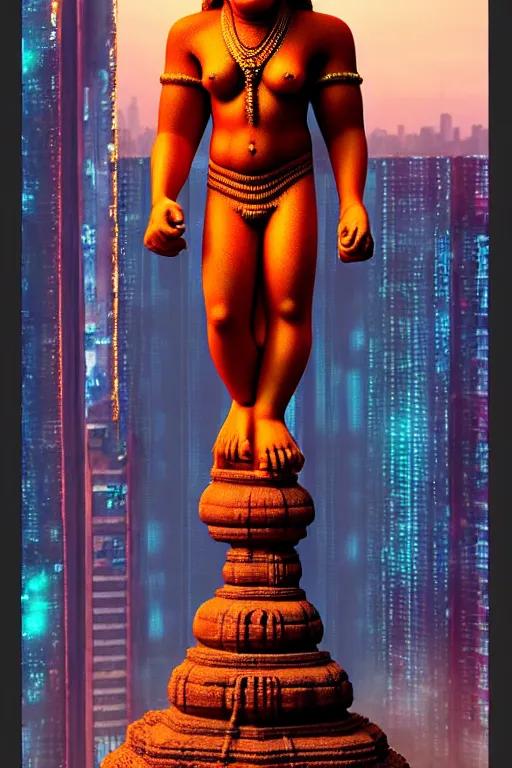 Image similar to high quality 3 d cyberpunk biomorphic hanuman! monument & buildings in mumbai!!, highly detailed, cinematic smooth, stephen shore & john j. park, soft morning light, wide shot, high angle, uhd 8 k, sharp focus